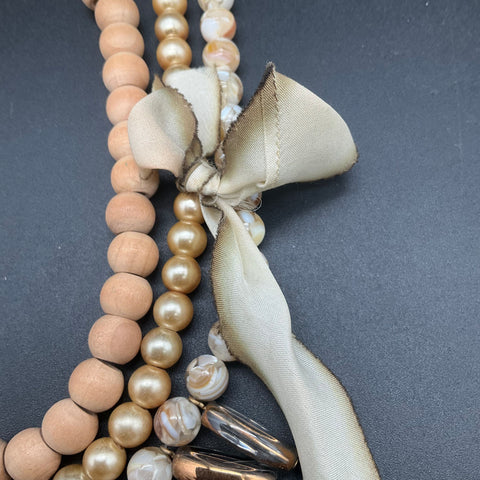 Lenora Dame 3-Strand Statement Necklace Wood Faux Pearl Floral Flower Bow
