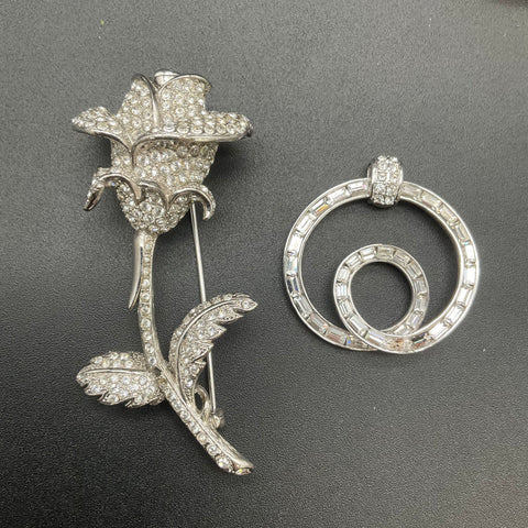 Nolan Miller Vintage Rhinestone Rose Brooch and Circular Pendant Lot