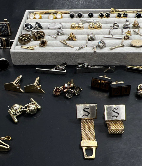 Vintage Men's Jewelry Lot 50+ Pieces Cufflinks Tie Clips Bars Tacks Gold Tone