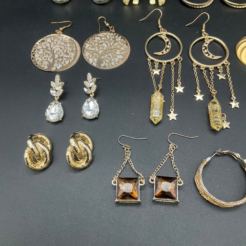 Costume Jewelry Lot 18 Pairs Gold & Silver Tone Earrings Celestial Hoop Dangle