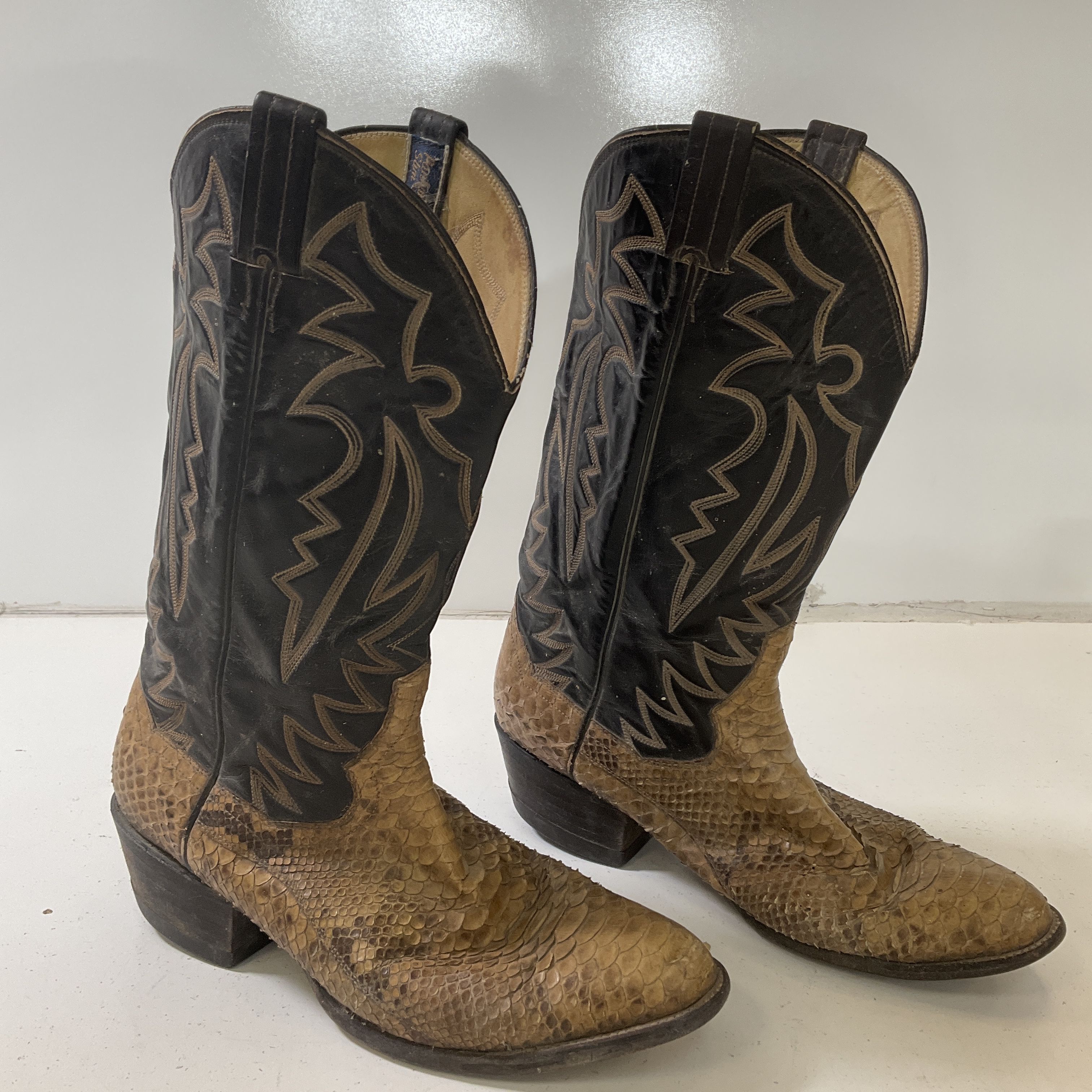 Vintage Panhandle Slim Sanders Black Leather & Snakeskin Cowboy Boots Men's 9.5D