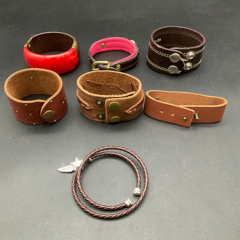 Mixed Costume Jewelry Lot 8 Pcs Leather Cuffs Wood Bangle Fur Style Wrap Star