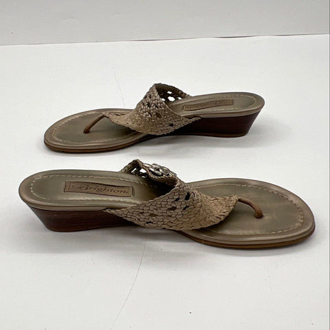 Brighton Lanai Woven Leather Flower Wedge Thong Sandals Pewter Size 8M