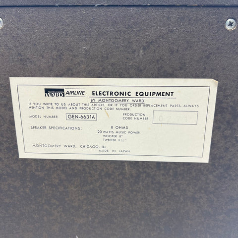 Vintage Montgomery Ward Airline GEN-6631A Bookshelf Speakers 8 Ohm 20W Pair