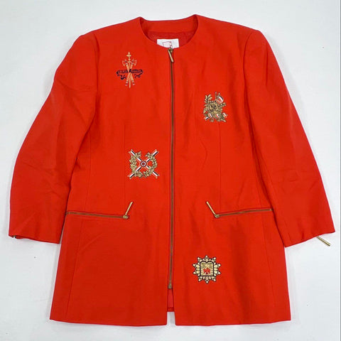 Vintage 80s Mondi Crest Embroidered Wool Blazer Jacket Zip Orange Red Sz 42