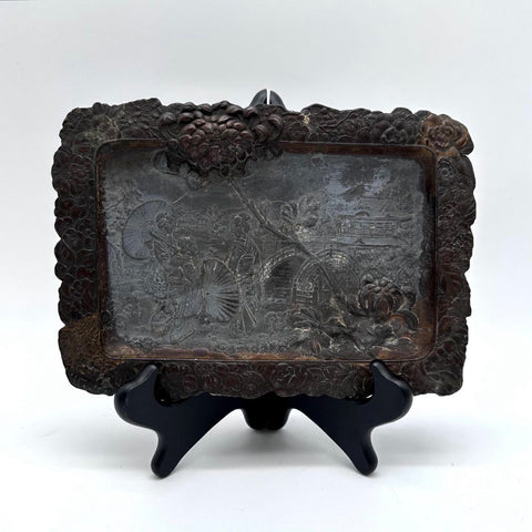 Japanese Decorative Metal Tray Geisha Landscape Relief Chrysanthemum Vintage