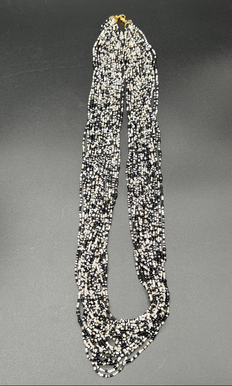 Vintage Joan Rivers Signed Multi-Strand Seed Bead Statement Necklace Black White