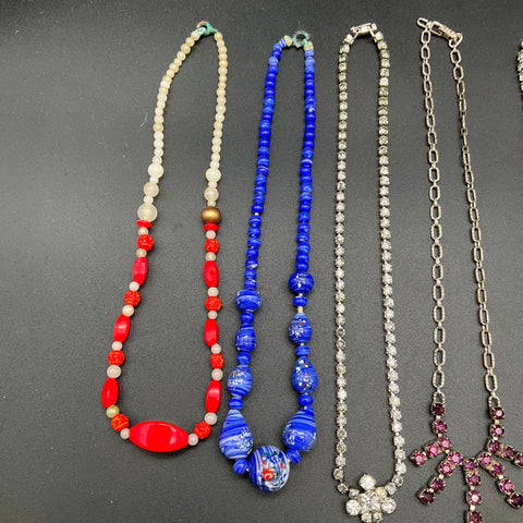 Vintage Mid-Century Costume Jewelry Lot 7 Necklaces Rhinestone Beaded