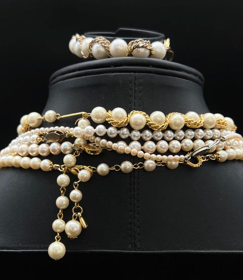 Vintage Faux Pearl Jewelry Lot of 8 Necklaces Bracelets Bib Collar Statement
