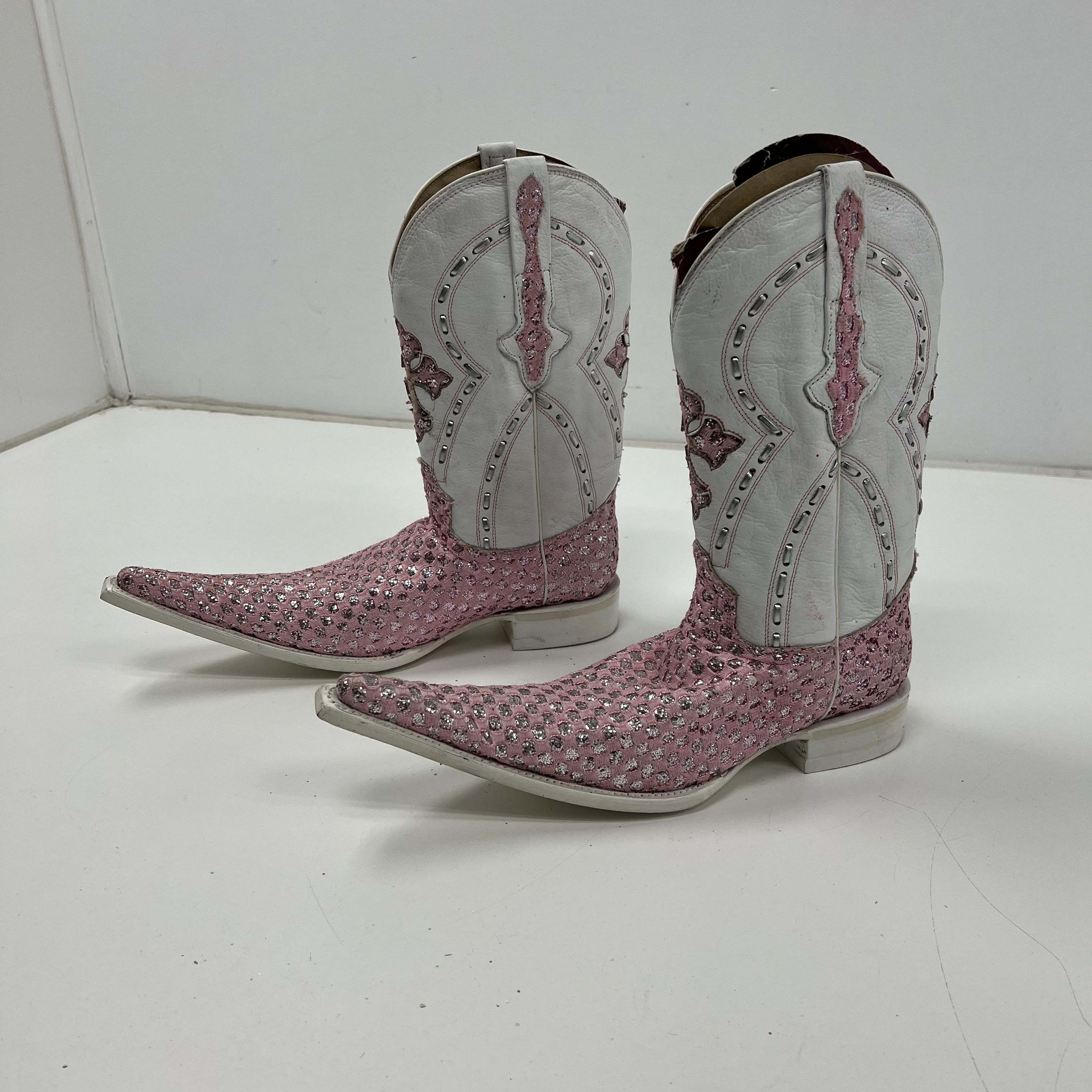 El General Pink White Glitter Cross Western Cowboy Boots Pointed Toe Size 6