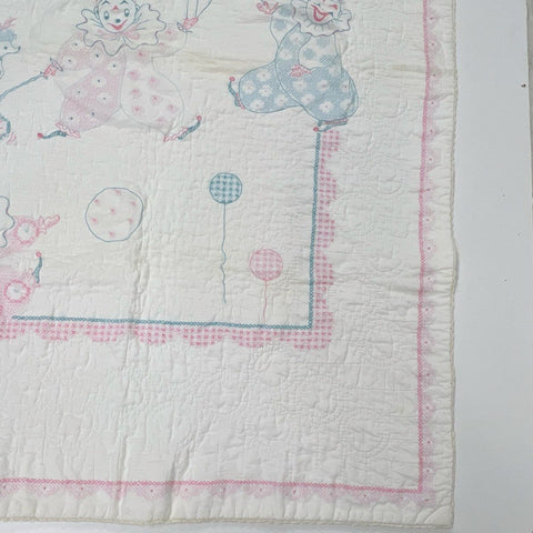 Vintage Hand Embroidered Baby Quilt Stamped Clown Circus Crib Blanket Pink Blue
