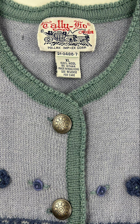 Vintage 90s Tally Ho Women's Sage Green Purple Floral Wool Cardigan Sweater XL