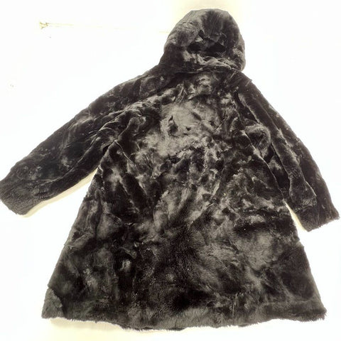 Vintage Y2K Victory Women's Faux Fur Coat Black Hooded Swing Jacket Size S