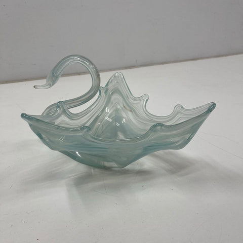 Vintage Hand Blown Art Glass Swan Bowl Dish Blue White Swirl Mid-Century Large
