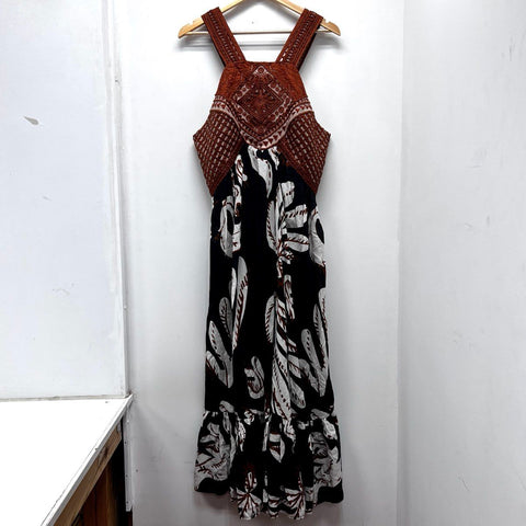 Anthropologie Women's Black Brown Leaf Print Embroidered Bodice Halter Dress 16P