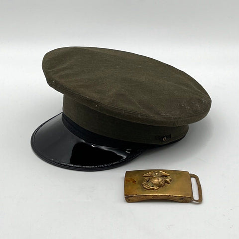 Vintage USMC Marine Corps Dress Visor Cap Hat and Brass EGA Belt Buckle Set