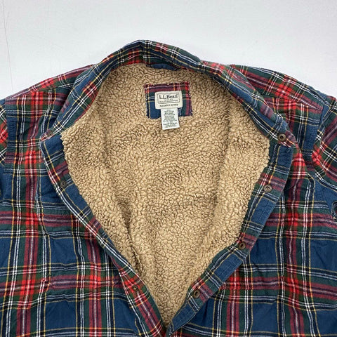 L.L. Bean Men's Sherpa Lined Scotch Plaid Flannel Shirt Jacket Blue Red Sz L