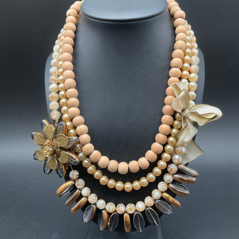 Lenora Dame 3-Strand Statement Necklace Wood Faux Pearl Floral Flower Bow
