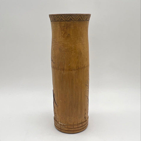 Vintage Hand Carved Bamboo Vase Village Scene Asian Folk Art Brush Pot 12 Inch