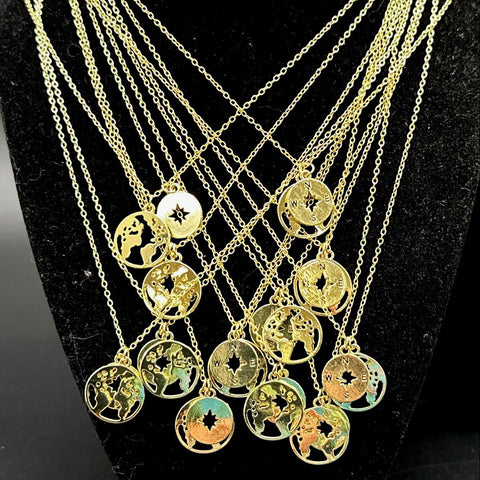 Mixed Costume Jewelry Lot 15 Pcs Gold Tone World Map Compass Star Faux Pearl