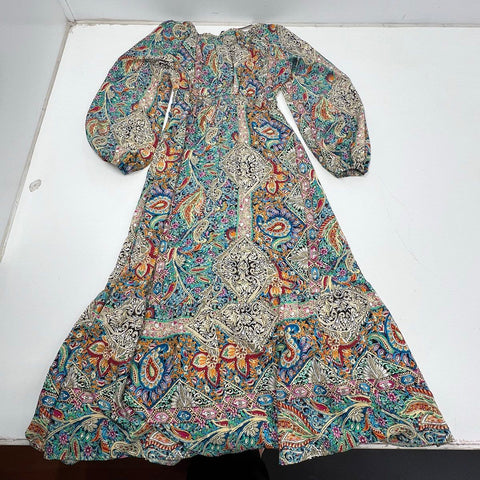 Coco + Carmen Lotus Maxi Dress Boho Paisley Long Sleeve Smocked NWT Sz S/M