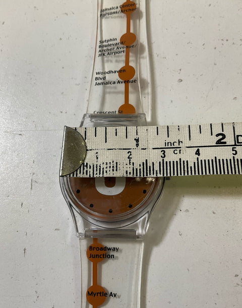 Vintage NYC Subway J Train Unisex Wristwatch Clear Plastic Band Orange Untested