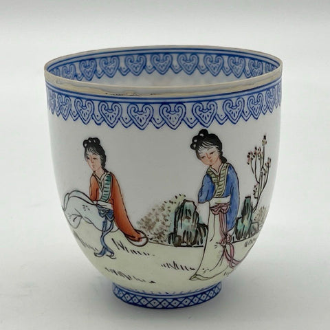 Vintage Japanese Porcelain Tea Cup Figural Scene Ladies Blue Square Seal Mark