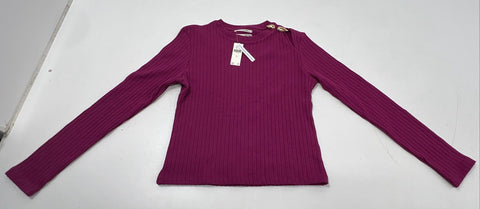 Anthropologie Women's Magenta Ribbed Long Sleeve Top Gold Button Detail Sz M NWT