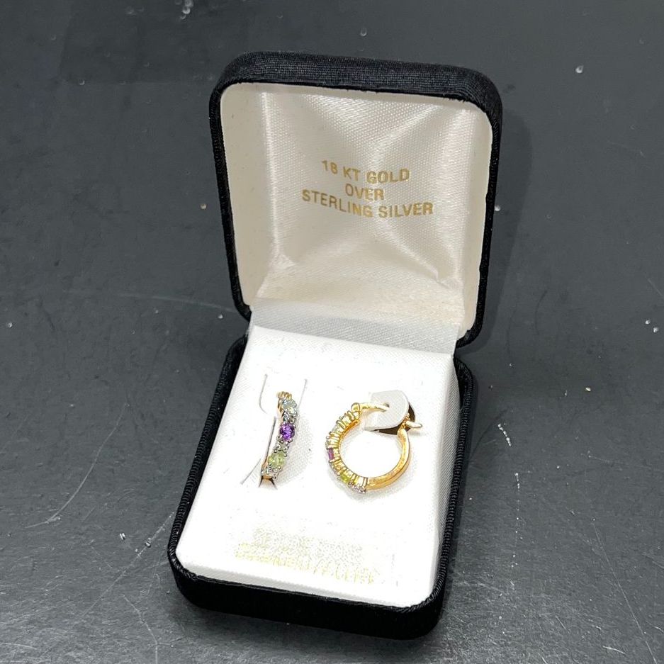 18K Over Sterling Silver Gemstone Diamond Accent Earrings NIB