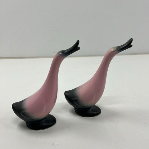 Vintage MCM Pink & Black Airbrush Ceramic Duck Goose Figurine Pair