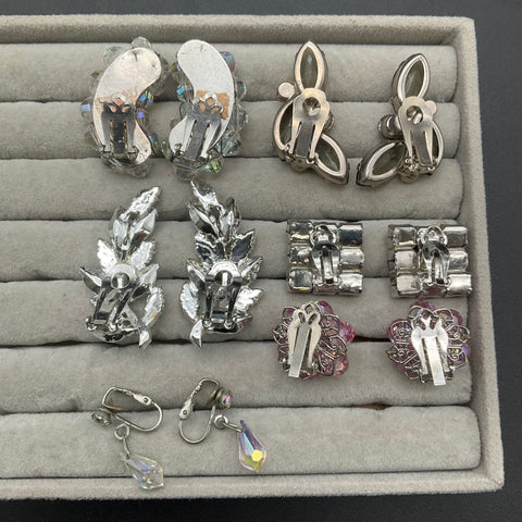 Vintage Sparkly Rhinestone AB Crystal Clip On Earrings Lot 6 Pairs Floral Leaf