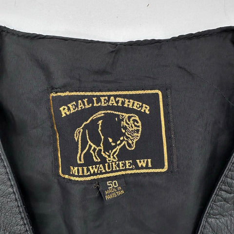 Vintage 90s Real Leather Milwaukee WI Men's Black Braided Biker Vest Sz 50