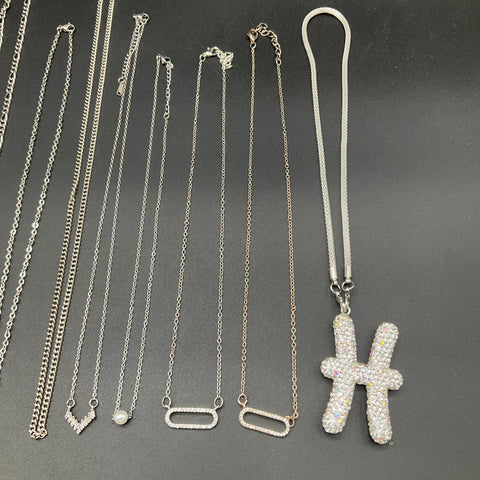 Silver Tone Fashion Jewelry Lot of 14 Necklaces Pendants Rhinestone Faux Pearl