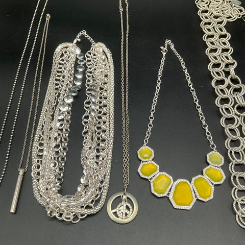 Fashion Costume Jewelry Lot of 8 Necklaces Silver Tone Yellow Bib Peace Sign