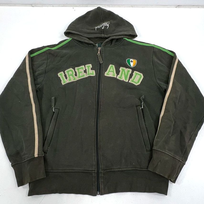 Retro Irish Gray Ireland Embroidered Spell Out Full Zip Hoodie Mens M