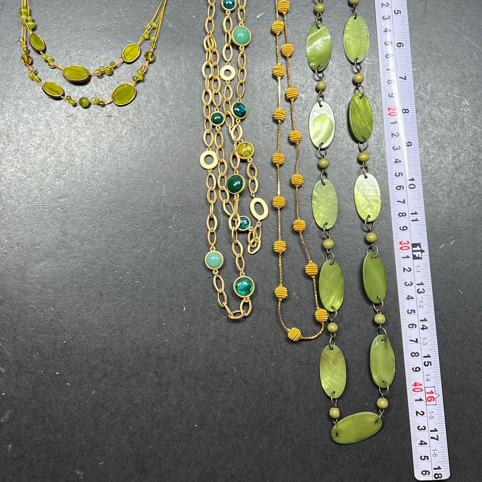 Lot of Green Gold Tone Beaded Chain Necklace Cuff Jewelry Set