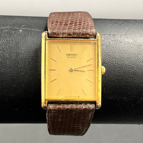 Vintage 80s Seiko 6530-5079 Men's Gold Tone Rectangular Tank Quartz Watch