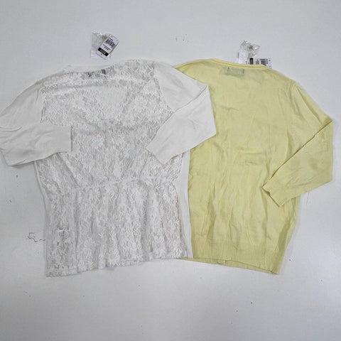 Wanko Women's Cardigan Sweaters Yellow White Lace Back Flower Buttons NWT Sz F