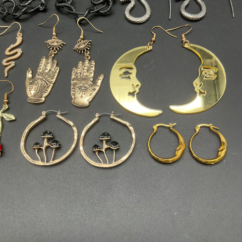 Mystical Celestial Theme Costume Earring Lot 11 Pairs Snake Moon Hamsa Rose