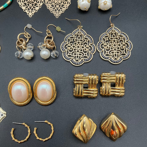 Vintage Gold Tone Costume Jewelry Lot of 15 Pairs Filigree Pearl Earrings