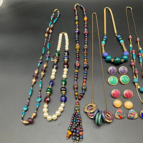 Vintage 1980s Jewel Tones Gold Tone Jewelry Lot 14pc Necklaces Earrings Lucite