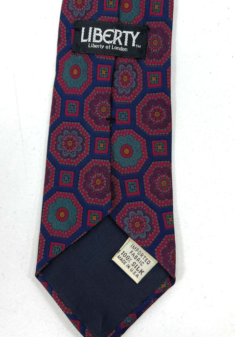 Vintage Men's Liberty of London Red Blue Medallion Print 100% Silk Neck Tie
