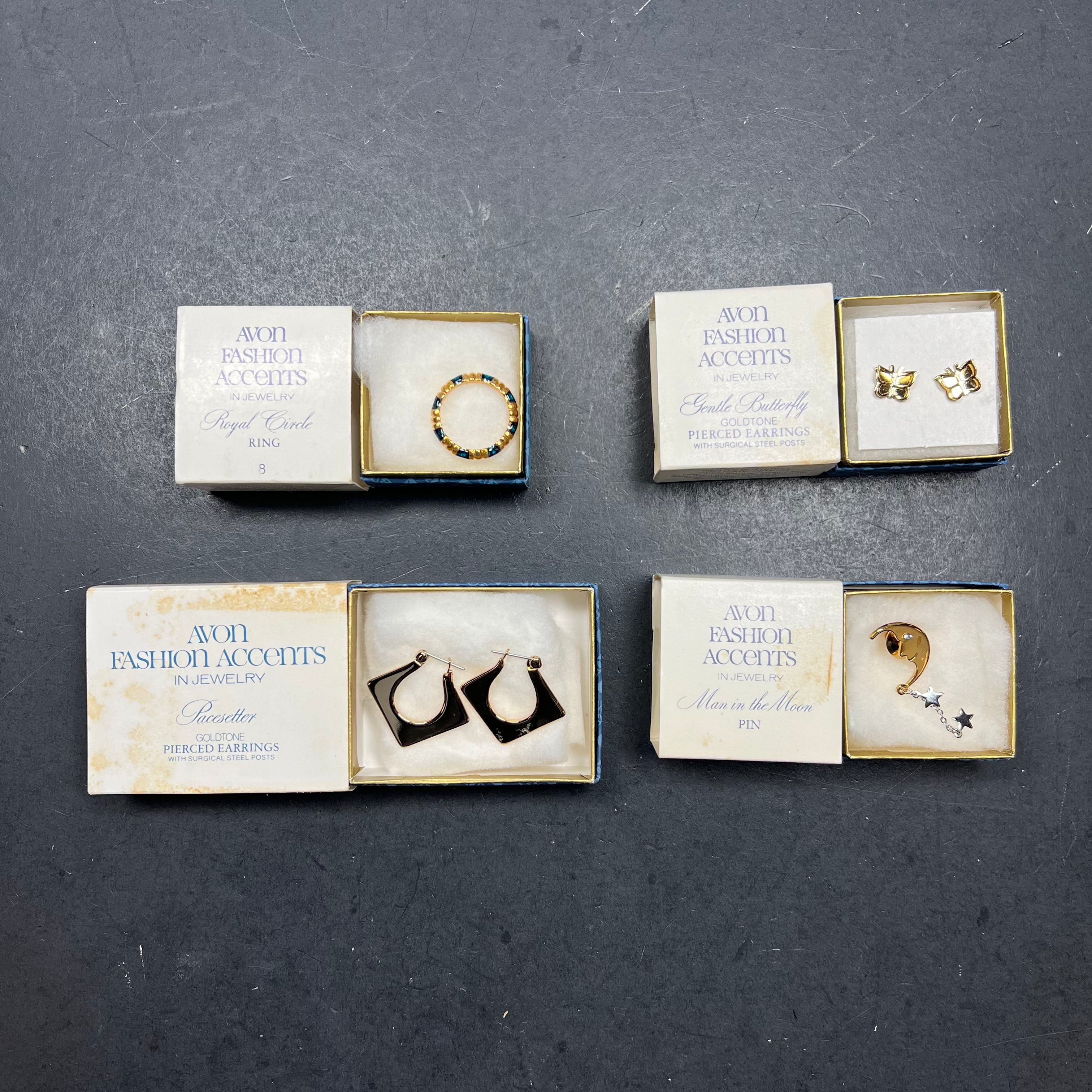 NIB Vintage Avon Jewelry Lot of 4 Stud Earrings Ring Moon Pin Gold Tone