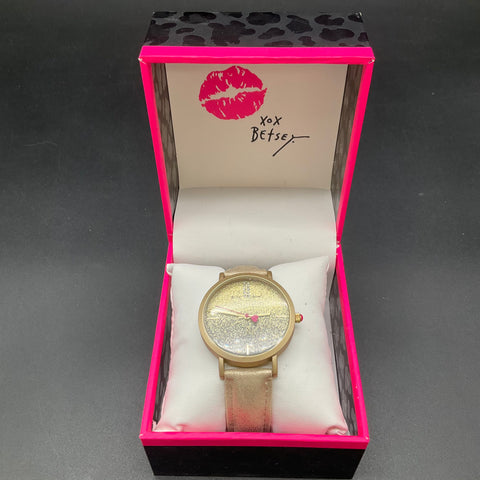 Betsey Johnson Watch & Necklace Set Gold Tone Rhinestone High Heel Pendant Boxed