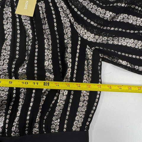 Michael Kors Women's Metallic-Stripe Smocked Jumpsuit Black Silver NWT Sz 10