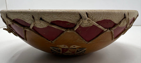 Vintage Hand Painted Rawhide Bowl Drum 17" Native American Style Southwestern