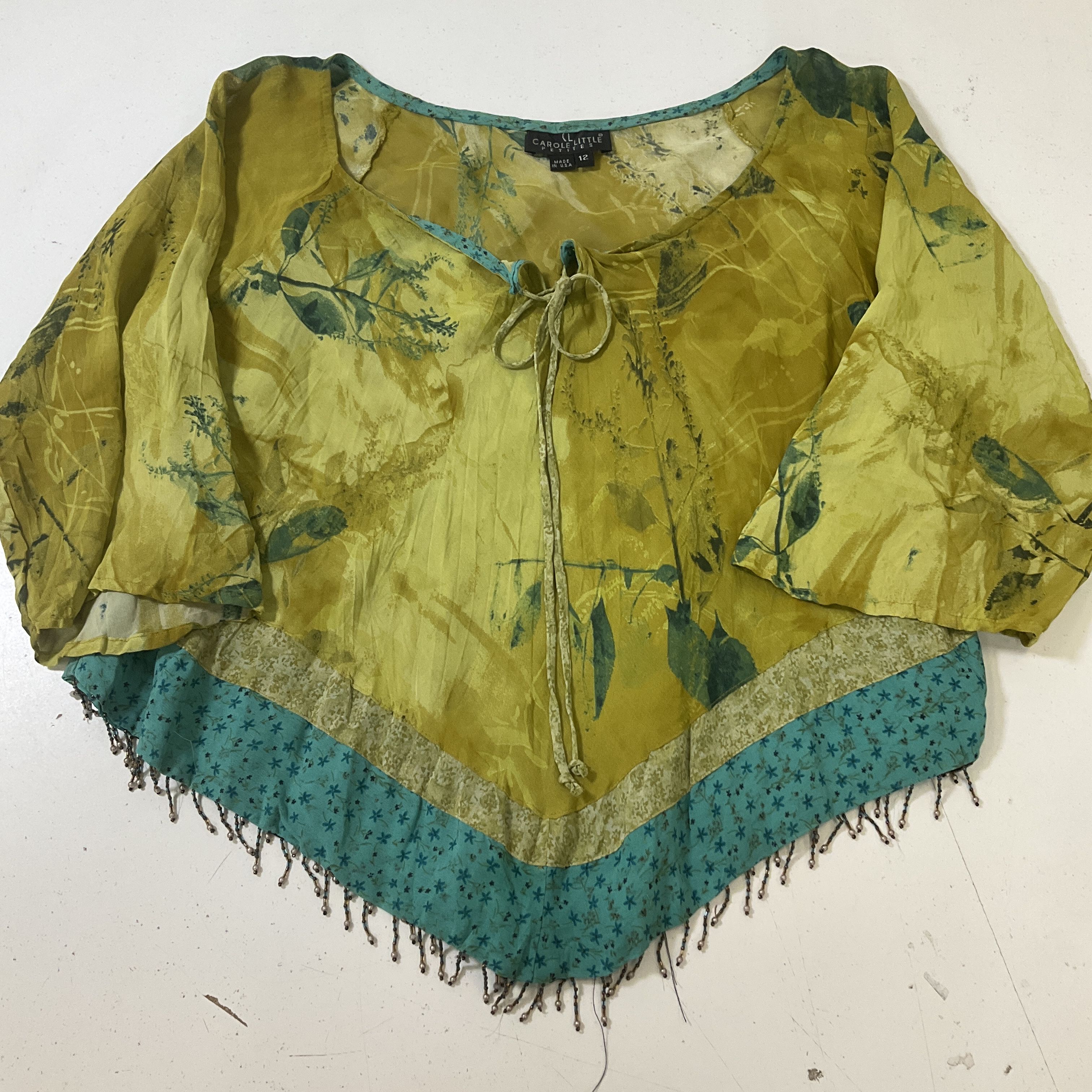 Carole Little Women's Green Beaded Hem Boho Semi Sheer Top Size 12P Vintage