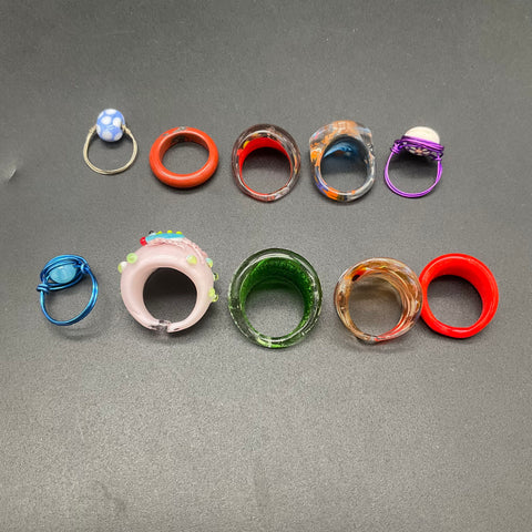 Vintage Boho Art Glass Resin Jewelry Lot of 10 Statement Rings Wire Wrapped