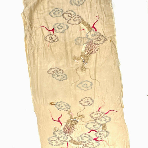 Antique Chinese Hand Embroidered Silk Panel Dragon Clouds Qing Dynasty Style