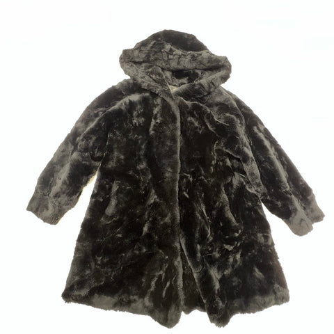 Vintage Y2K Victory Women's Faux Fur Coat Black Hooded Swing Jacket Size S